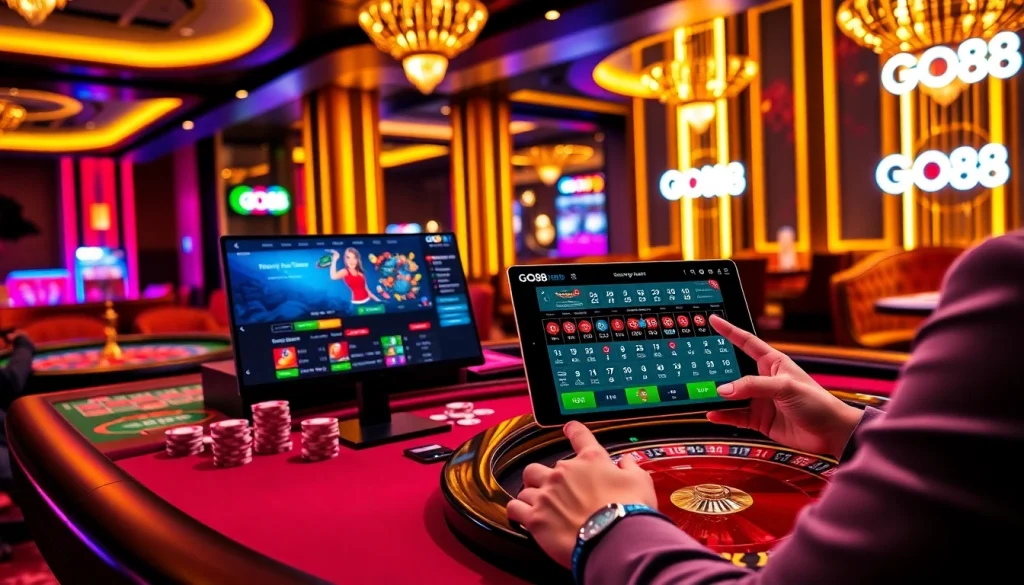 Experience the excitement of online gambling with GO88 at a vibrant casino scene.