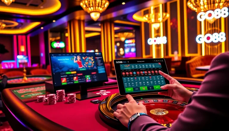 Experience the excitement of online gambling with GO88 at a vibrant casino scene.