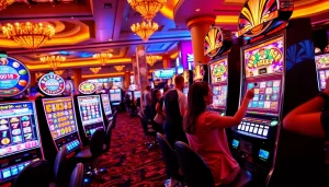 Rasakan sensasi slot Depo 5rb di kasino mewah dengan mesin slot berwarna-warni dan pemain yang antusias.