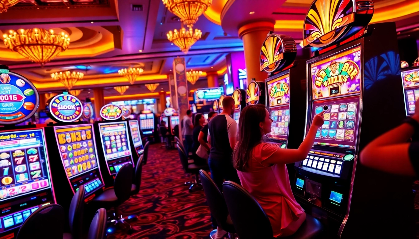 Rasakan sensasi slot Depo 5rb di kasino mewah dengan mesin slot berwarna-warni dan pemain yang antusias.