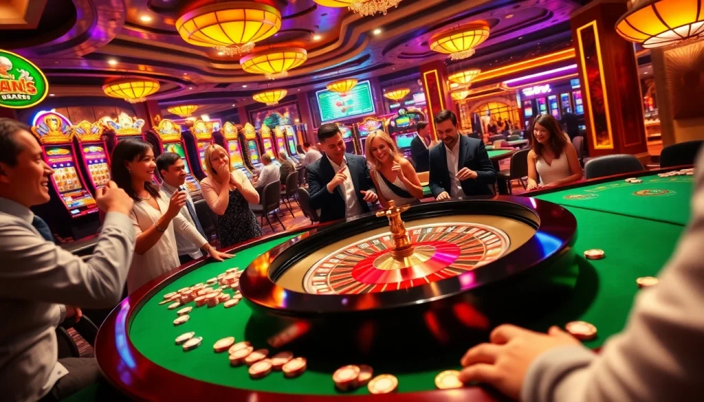 Experience the excitement of gambling at https://rikvip368.com with lively players at a roulette table.