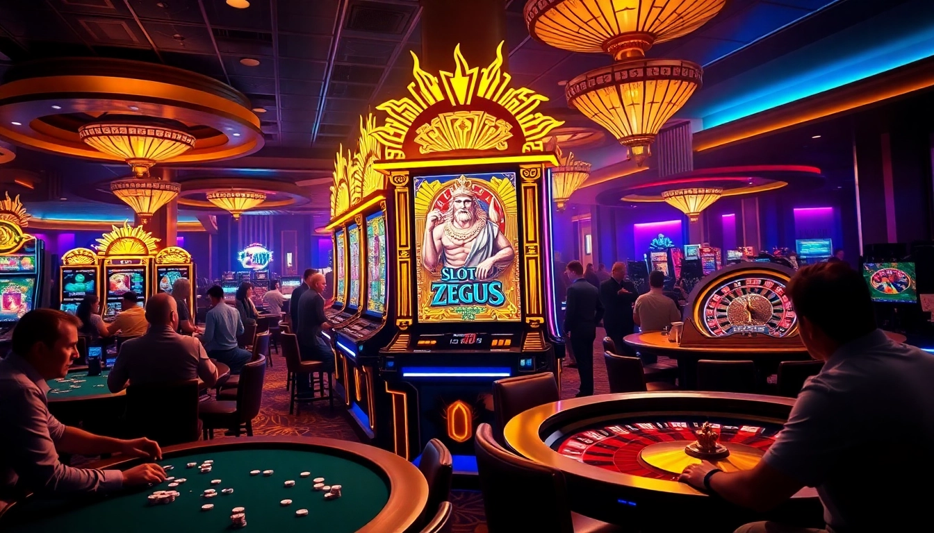 Putar gulungan pada mesin slot Zeus yang dikelilingi oleh kegembiraan kasino yang meriah.
