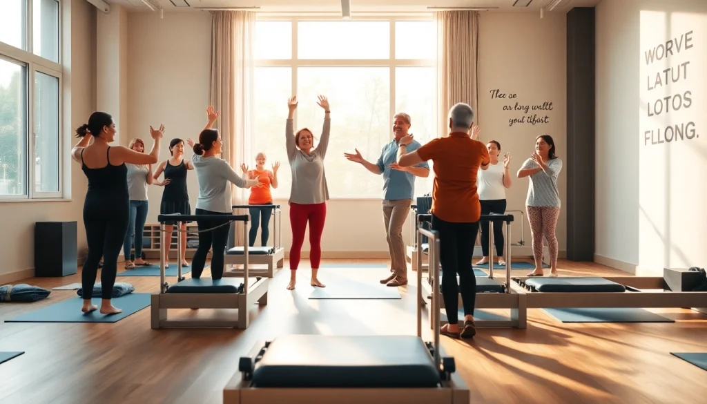 台東区の魅力的なピラティスクラス、さまざまな参加者が活気あるトレーニングを楽しんでいる様子。