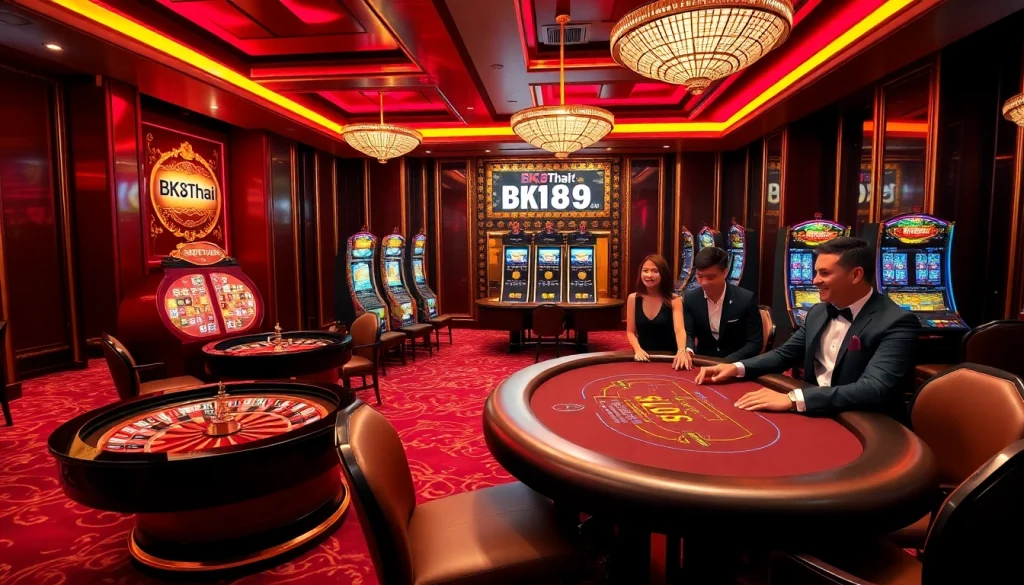 Players enjoying a vibrant BK8Thai casino experience with roulette and slot machines.