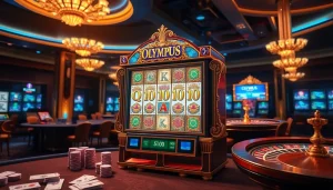 Play the Olympus slot in an opulent casino environment filled with vibrant lights and excitement.