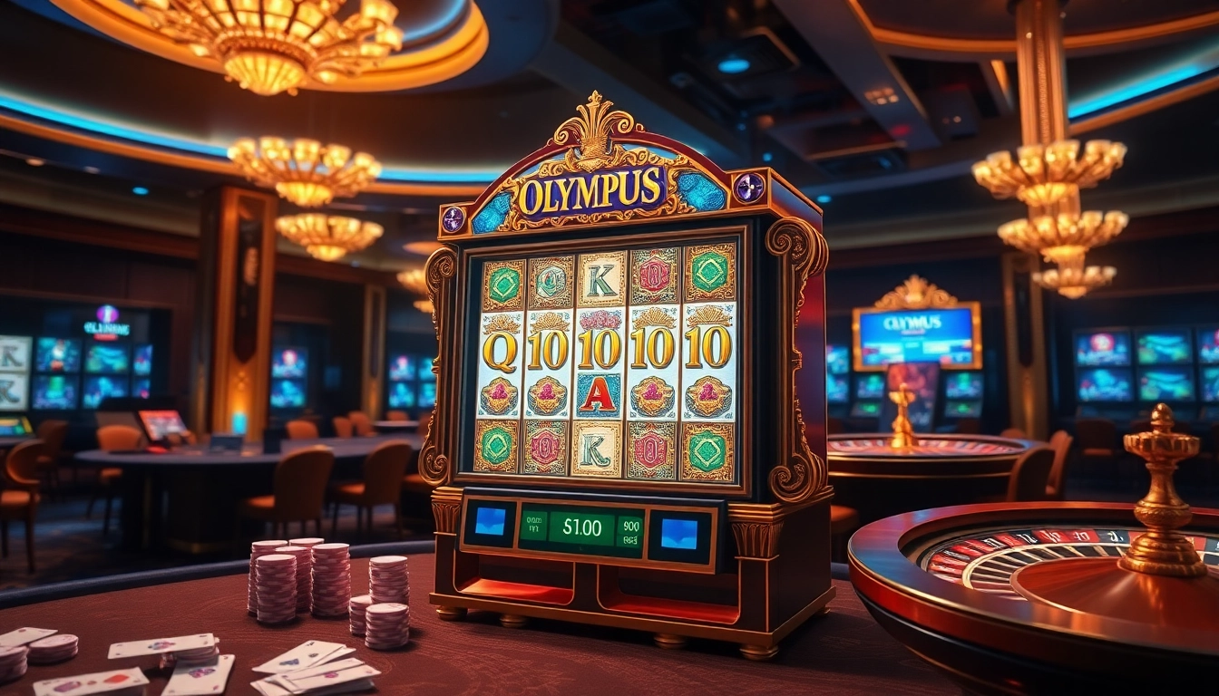 Play the Olympus slot in an opulent casino environment filled with vibrant lights and excitement.