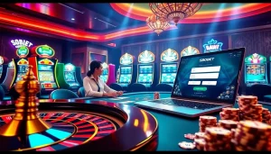SboBet login screen on a vibrant casino table with poker chips and cards.
