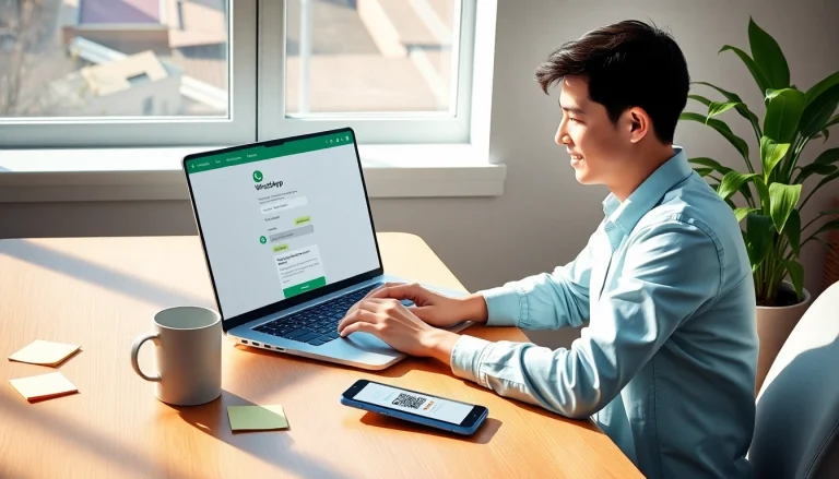 在明亮工作区的笔记本电脑上使用 WhatsApp网页版，展现无缝沟通。