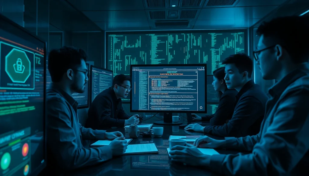 The hidden wiki investigation scene with a focused cybersecurity team analyzing blockchain data.