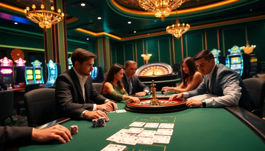 Excited players engaged in poker at a luxurious casino table, showcasing https://i9bet2h.club.