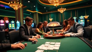Excited players engaged in poker at a luxurious casino table, showcasing https://i9bet2h.club.