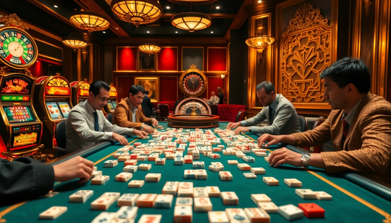 Players engage in link mahjong, showcasing strategy and excitement at a vibrant casino table.