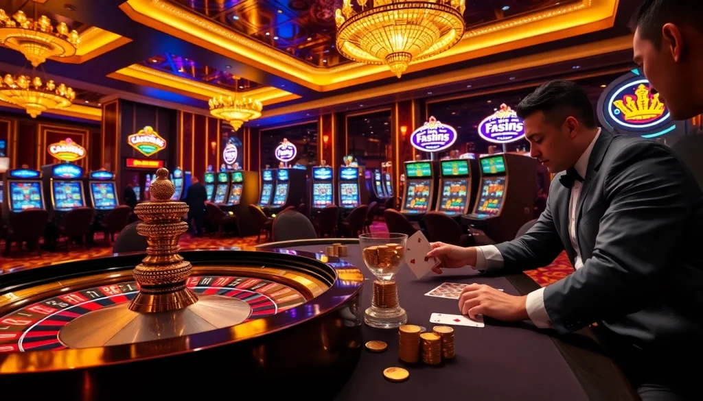 Engaging gamblers enjoying 79king-themed roulette and slot machines in a luxurious casino.