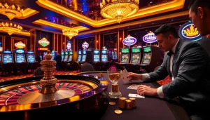 Engaging gamblers enjoying 79king-themed roulette and slot machines in a luxurious casino.