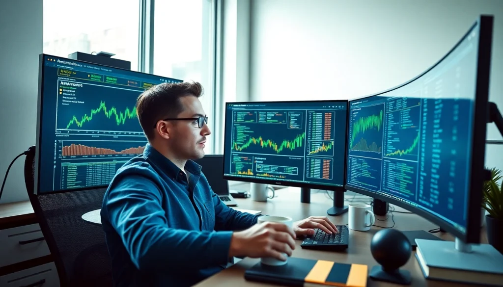 Software engineering professional analyzing Amazon prices with financial charts and technology.