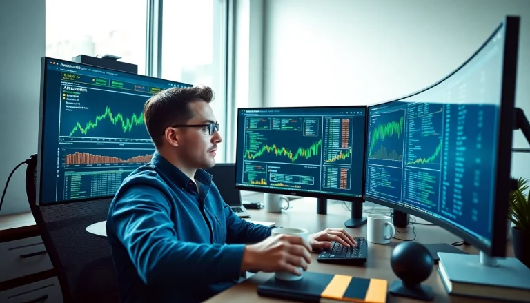 Software engineering professional analyzing Amazon prices with financial charts and technology.