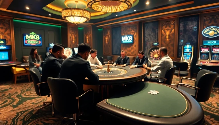 Engaging scene of MK8 casino poker players focused on their game amidst luxurious surroundings.