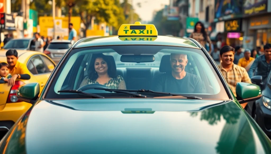 Gurgaon Taxi Service with happy passengers in a sanitized cab in an urban setting
