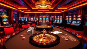 Gambling scene at Nhà Cái 789P featuring vibrant roulette wheels and elegant casino tables.