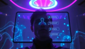 Engaging interaction with a cutting-edge sex AI chatbot in a futuristic setting.