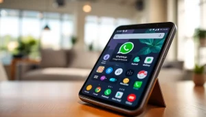 GB WhatsApp APK interface on a smartphone with vibrant themes and customization options.